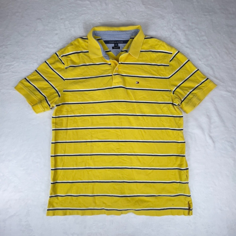 Tommy Hilfiger Polo Shirt Mens XL Yellow Striped Golf Performance Custom Fit
